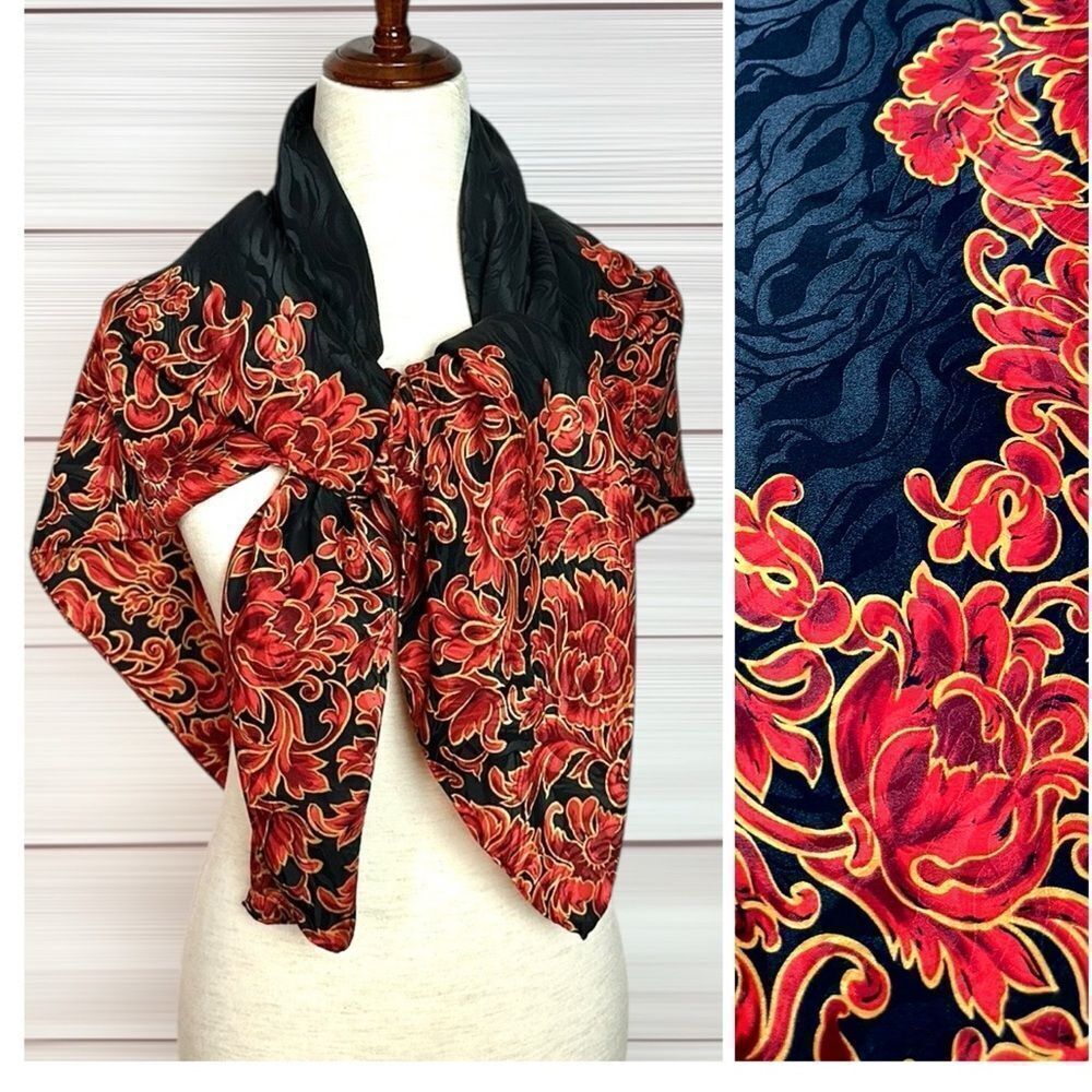 Jeannene Booher Silk Jacquard Scarf Black Red Gold Paisley Floral Hand Rolled